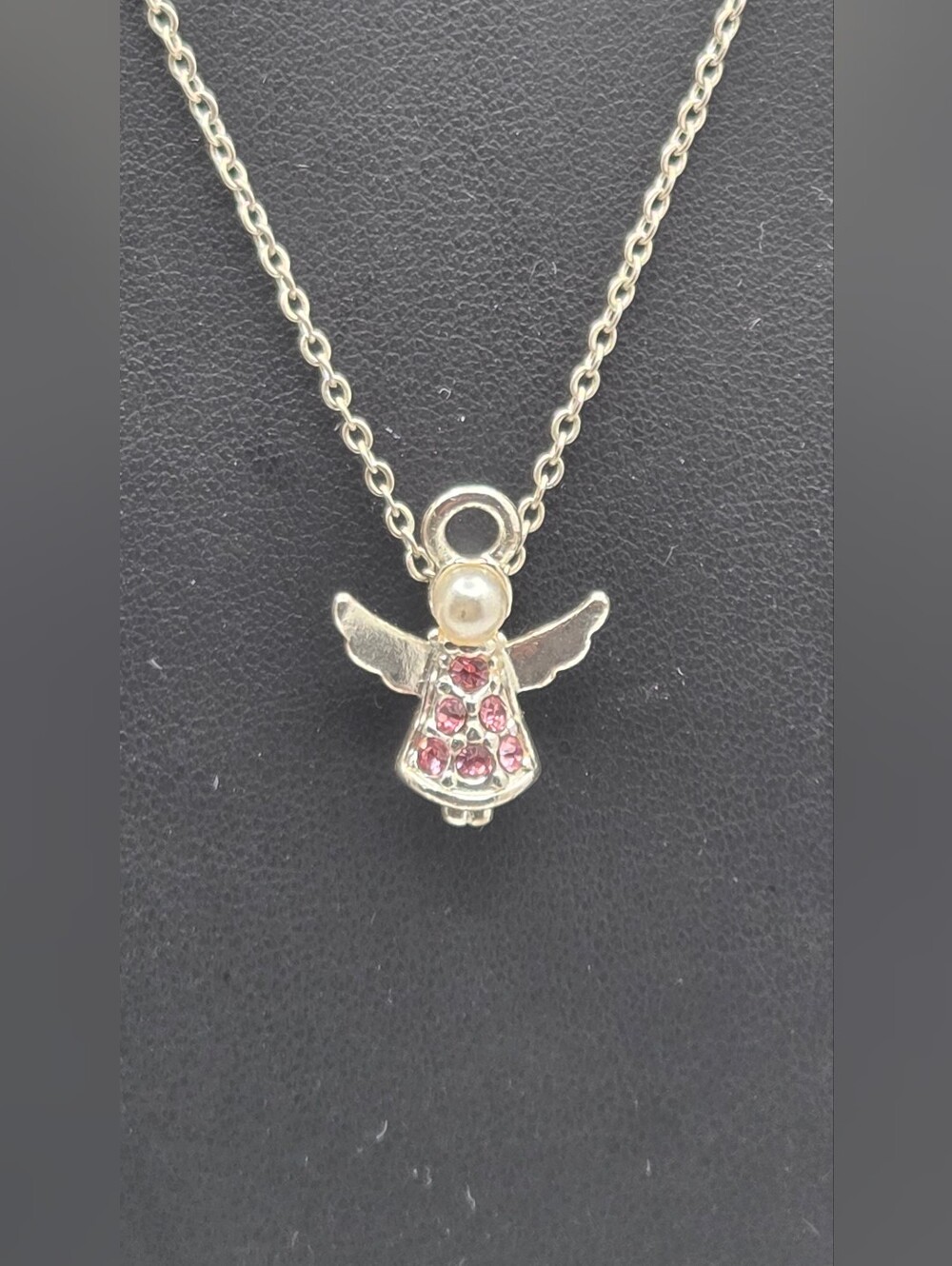 Avon Silver-Tone Angel Pendant Necklace with Pink Accents